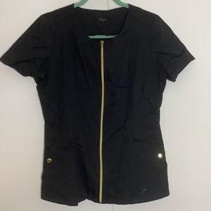 Jaanuu black zip up scrub top, size med